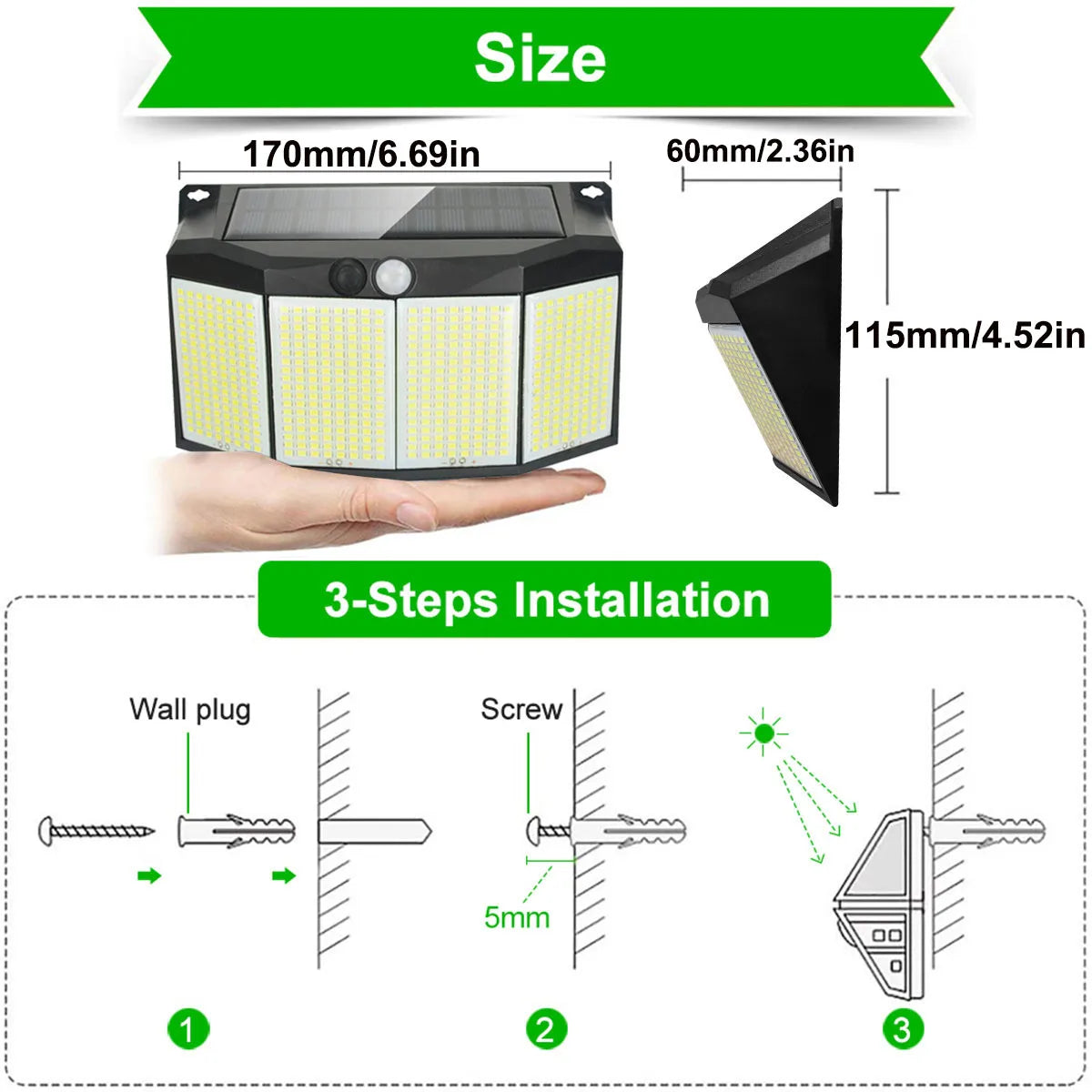Super Bright Solar Wall Lamp with 3 Mode IP65 Waterproof for Outside Yard Street