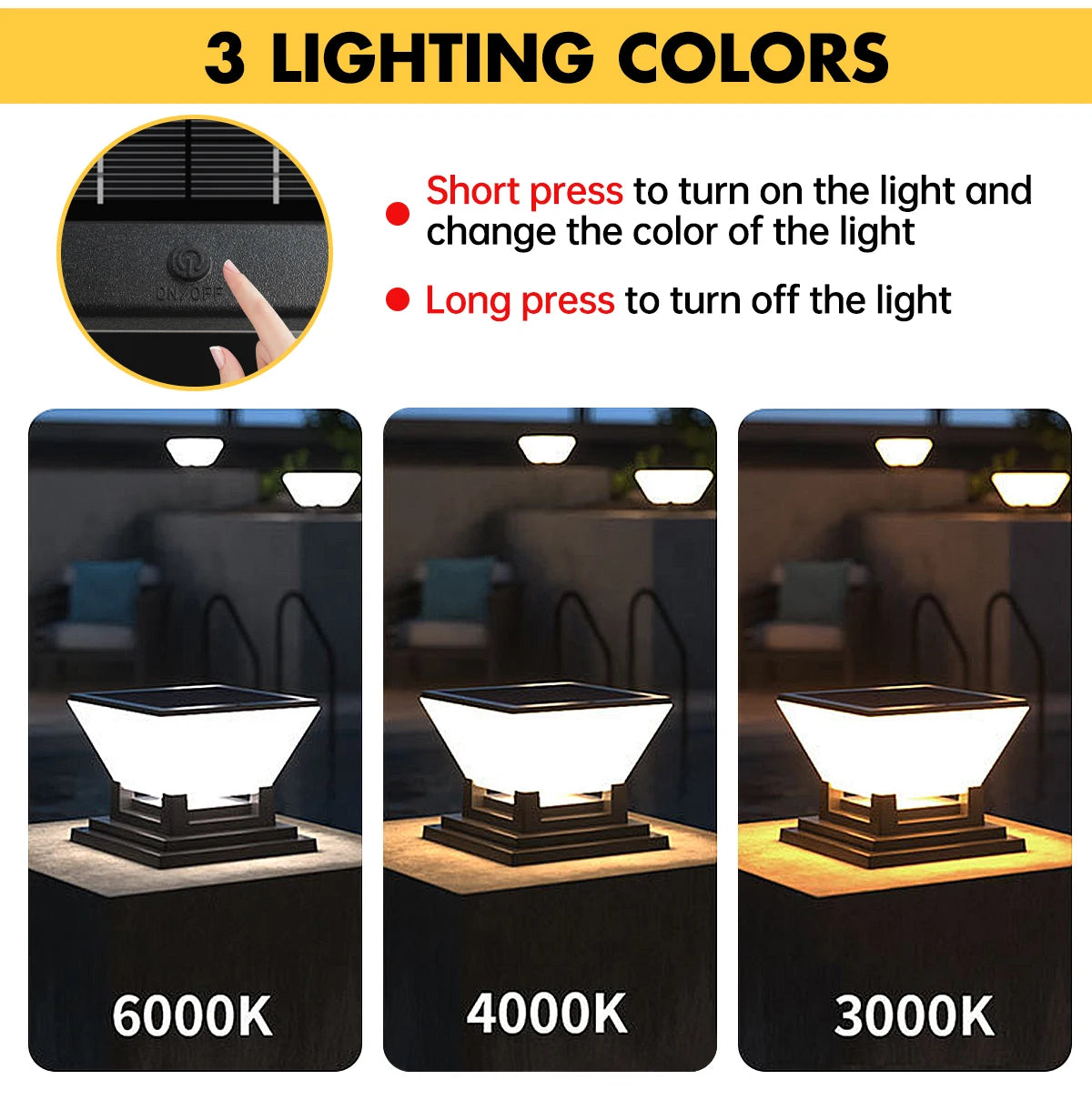 Solar Post Light Auto Dusk to Dawn IP65 Waterproof 3 Color