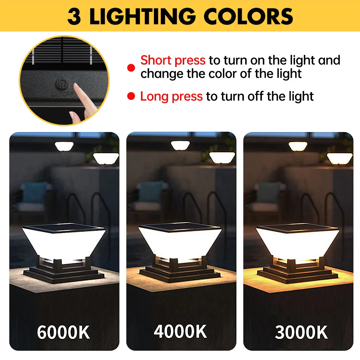 Solar Post Light Auto Dusk to Dawn IP65 Waterproof 3 Color